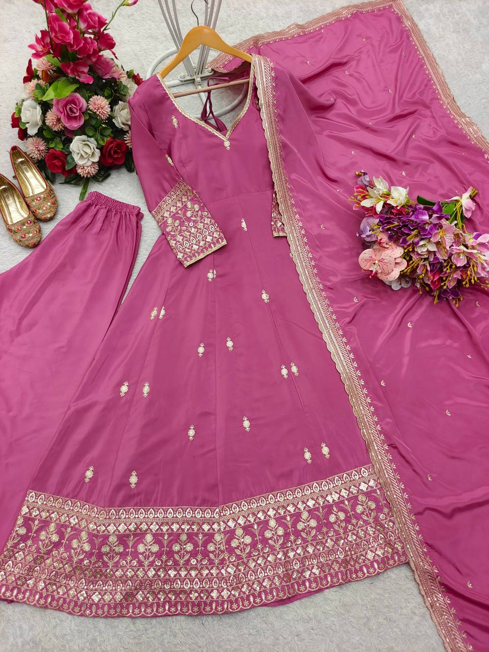 Pink Color Natural Crep With Embroidery Work Gown