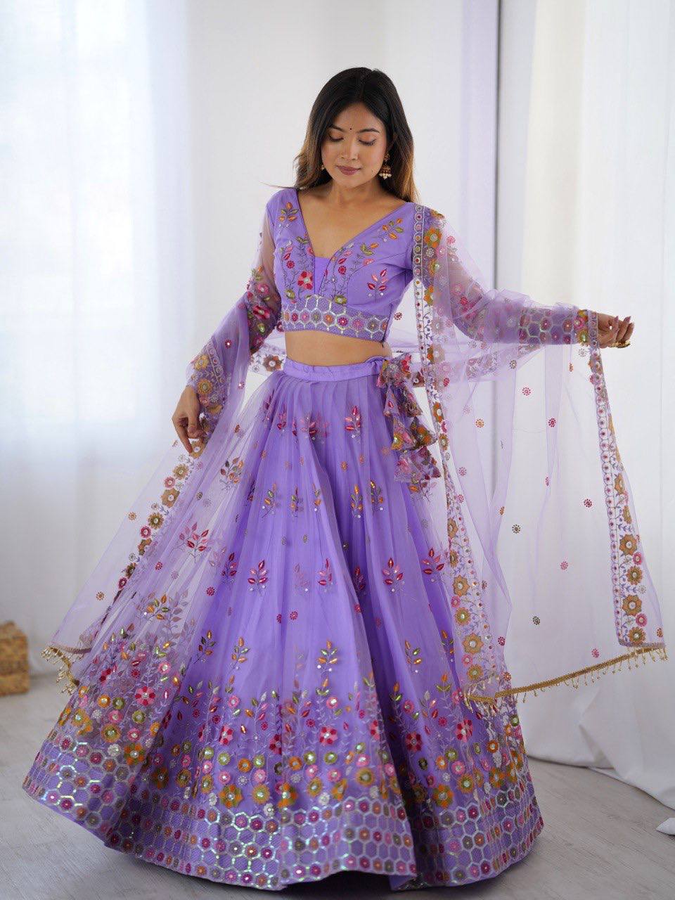 Purple Color Soft Net Thread And Sequence Work Lehenga