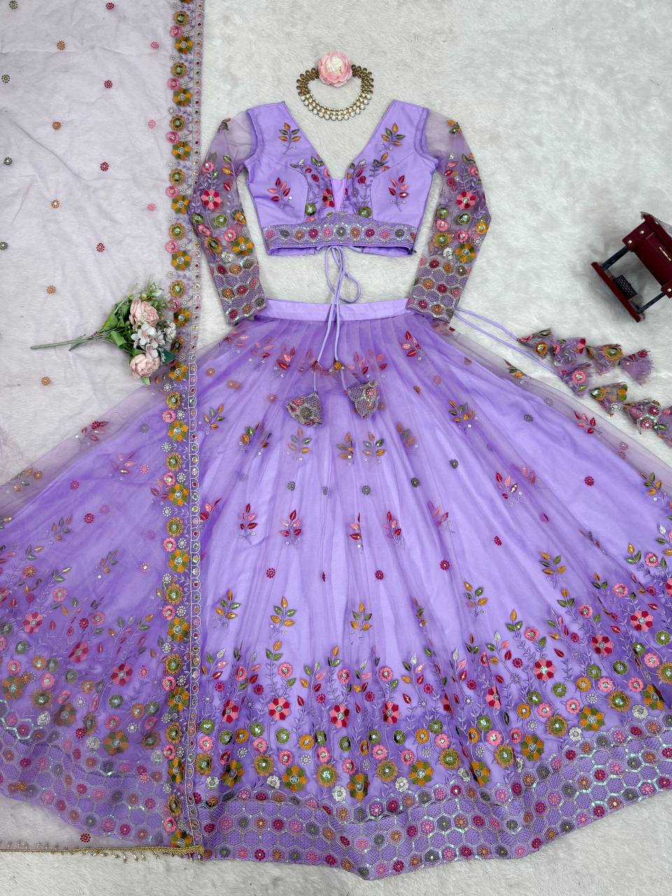 Purple Color Soft Net Thread And Sequence Work Lehenga