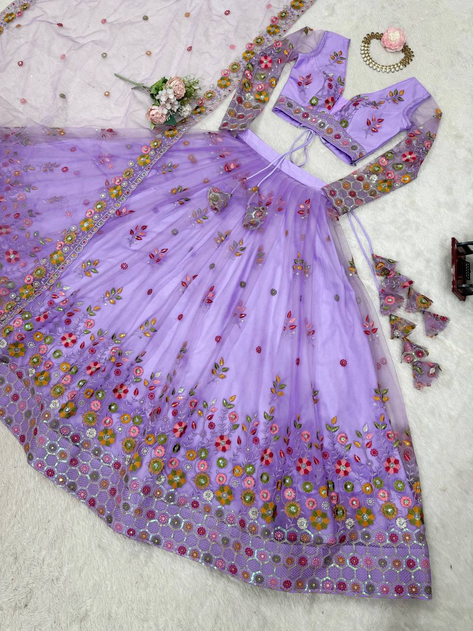 Purple Color Soft Net Thread And Sequence Work Lehenga