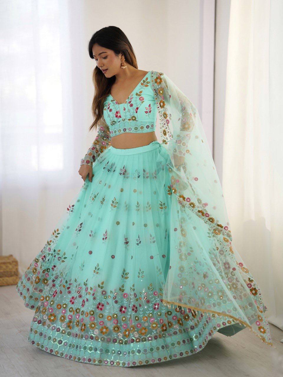 Purple Color Soft Net Thread And Sequence Work Lehenga