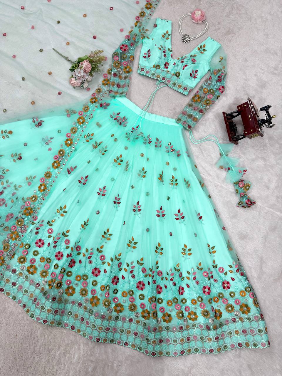 Purple Color Soft Net Thread And Sequence Work Lehenga