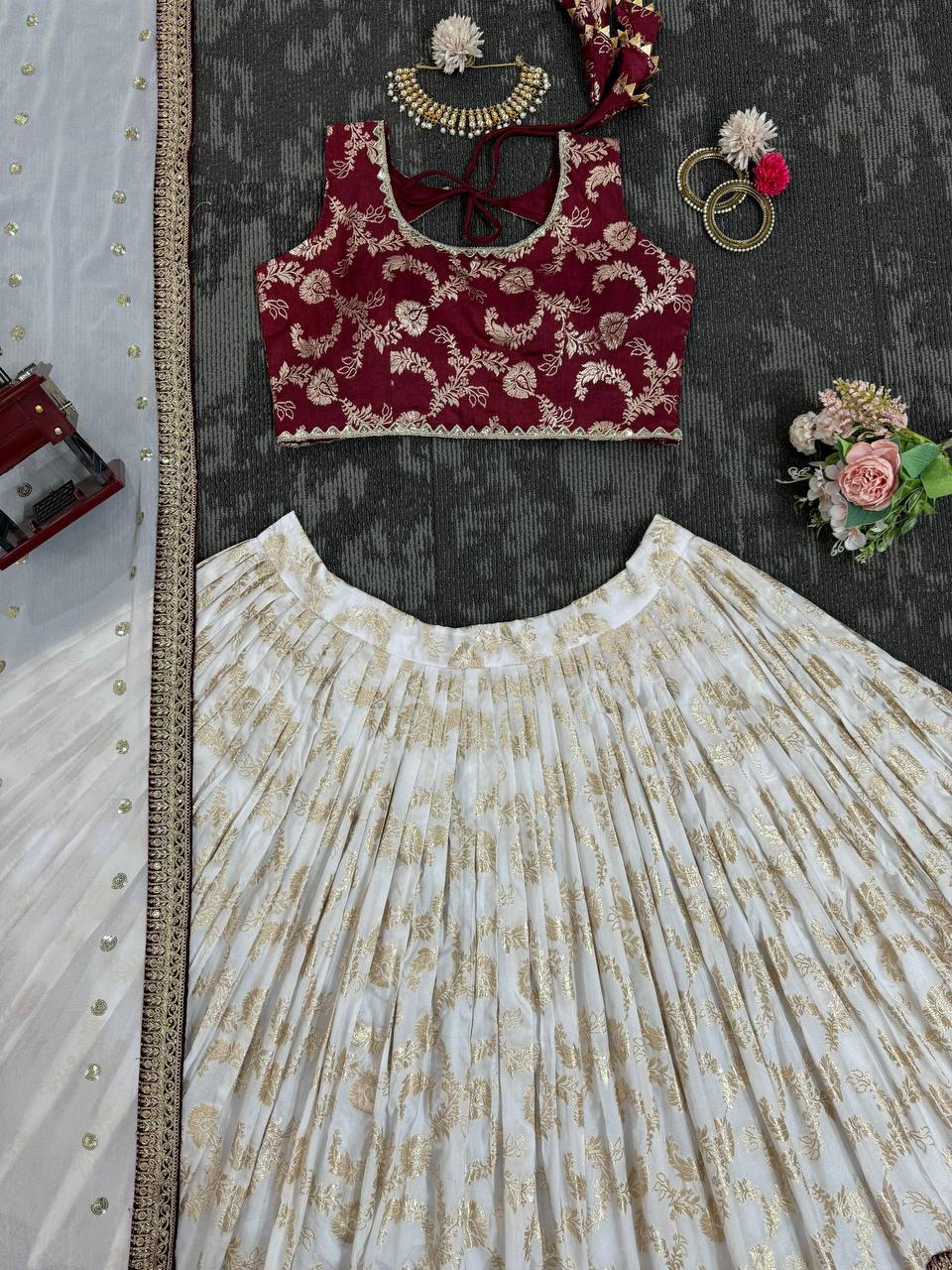 Off White Color Designer Jacquard Wedding Wear Trendy Lehenga Stitched Margin