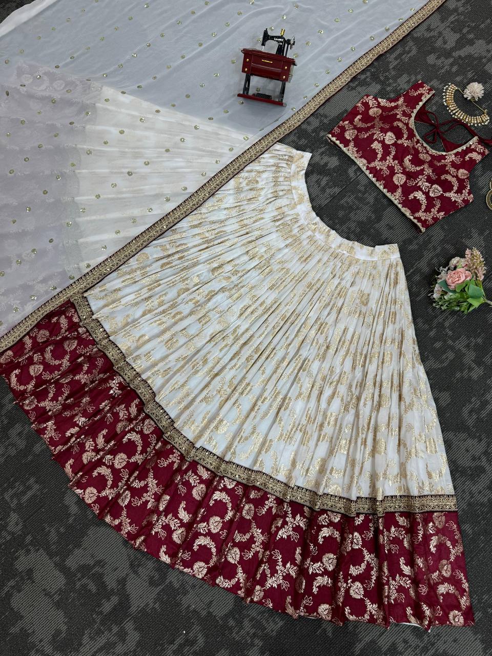 Off White Color Designer Jacquard Wedding Wear Trendy Lehenga Stitched Margin