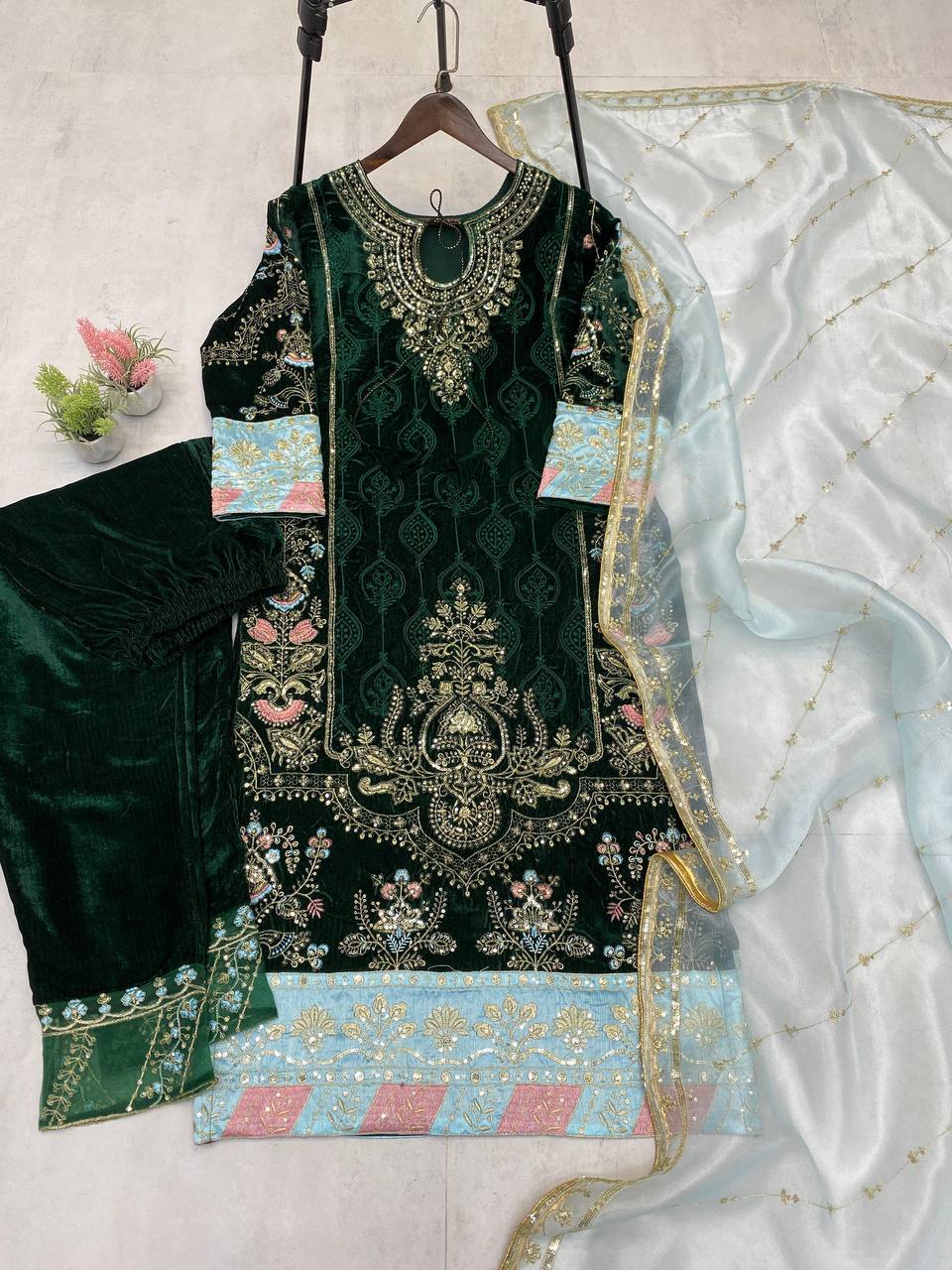 Sequence Embroidery Work  And Lace Work Suit With Dupatta