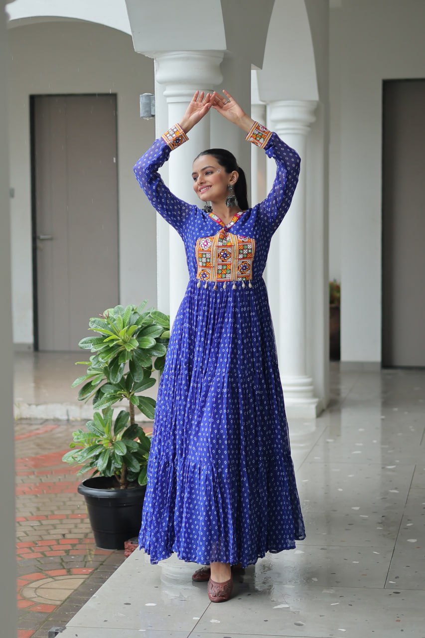 Navratri Special Faux Georgette Bandhani Print Work Gown