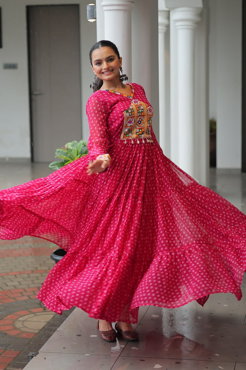 Navratri Special Faux Georgette Bandhani Print Work Gown