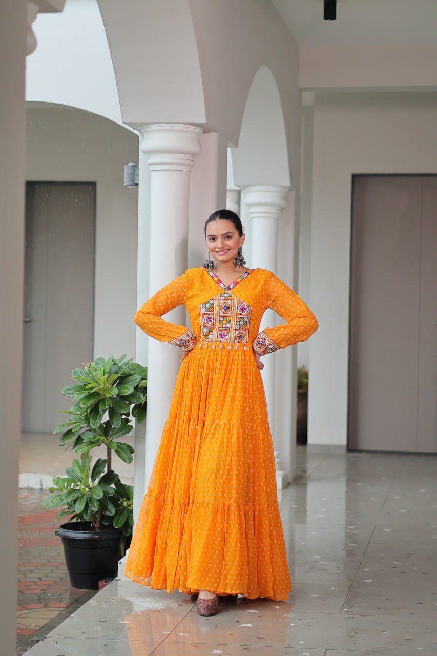 Navratri Special Faux Georgette Bandhani Print Work Gown