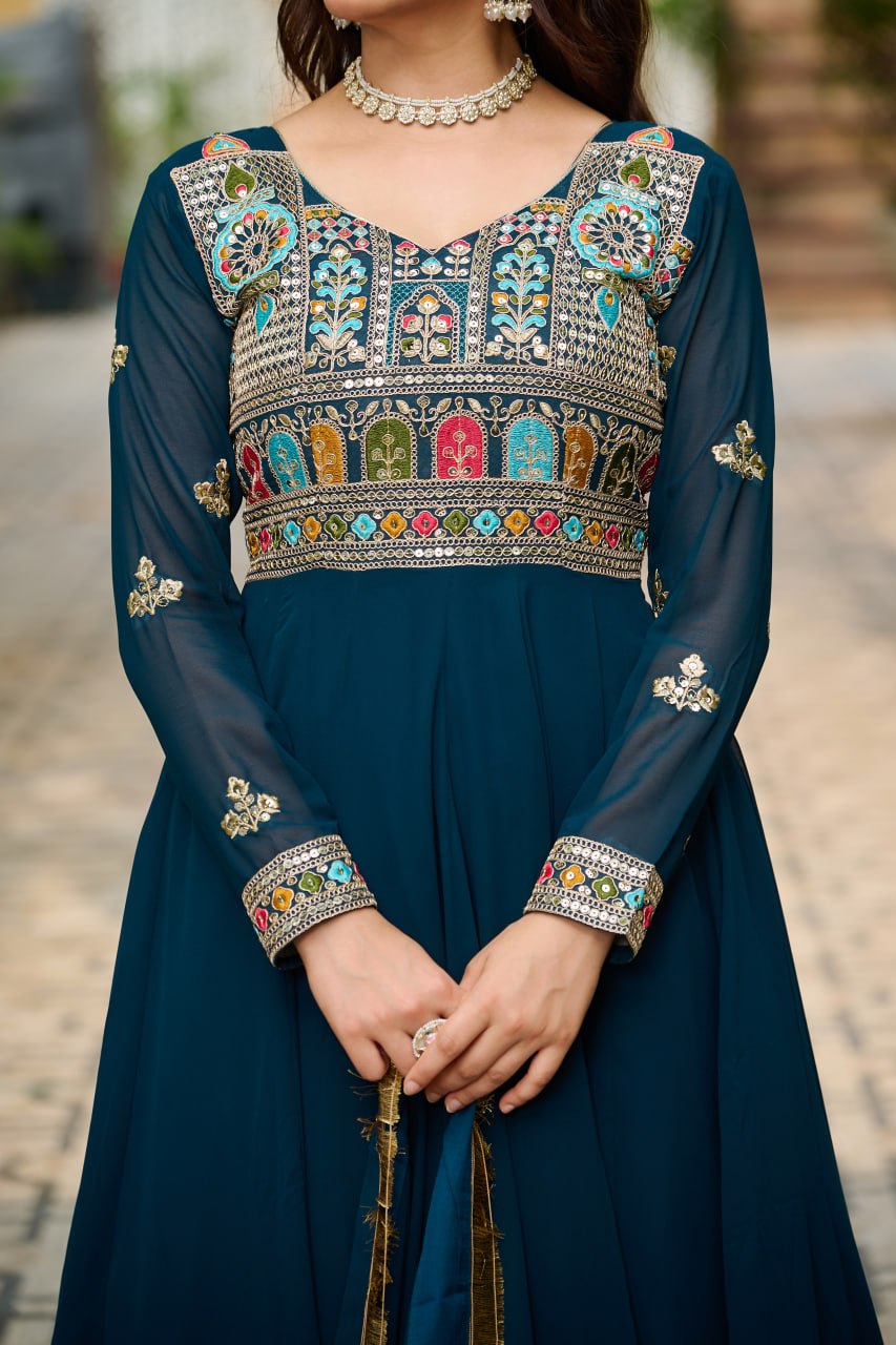 Festival Special Faux Blooming Sequence & Thread Work Gown