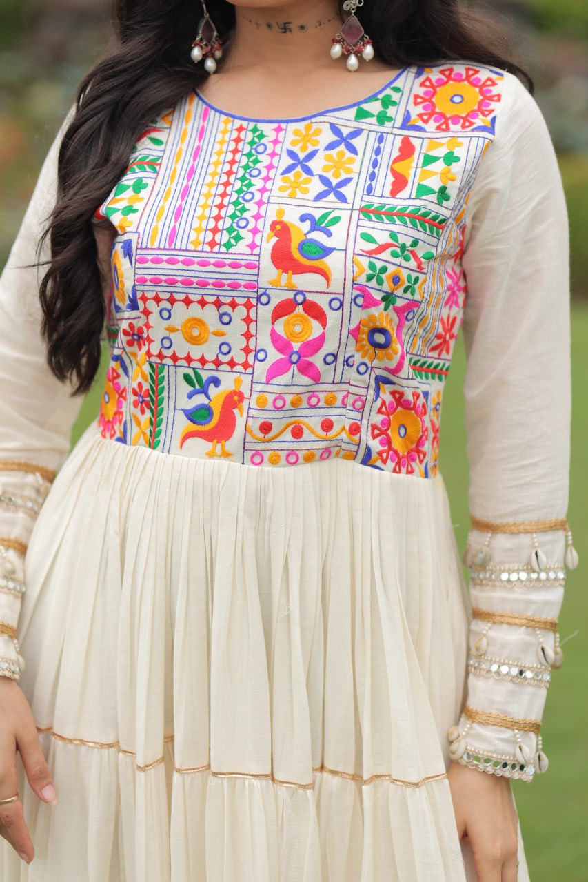 White Color Kora Cotton Multi Thread Embroidery Work Gown