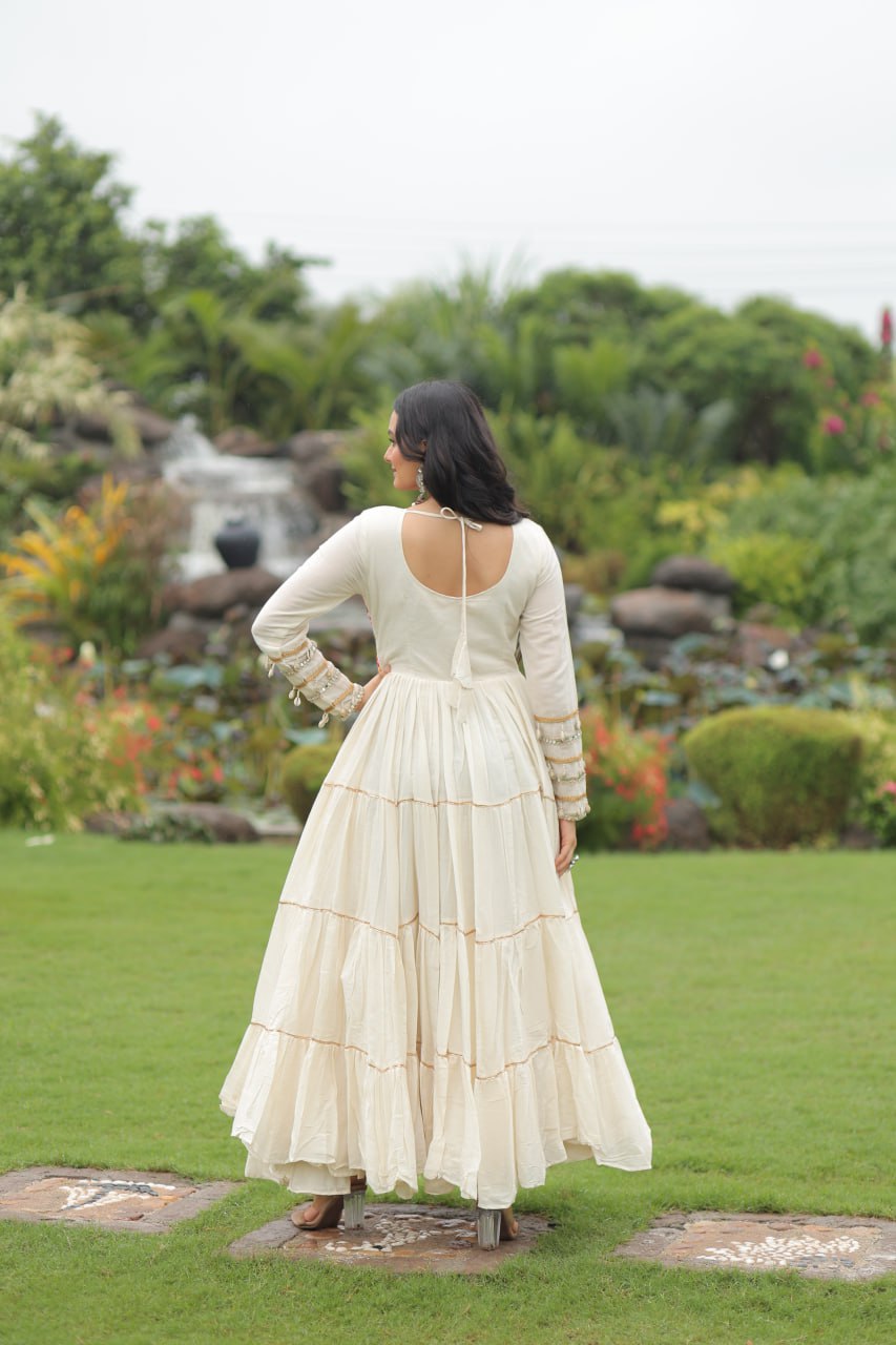 White Color Kora Cotton Multi Thread Embroidery Work Gown