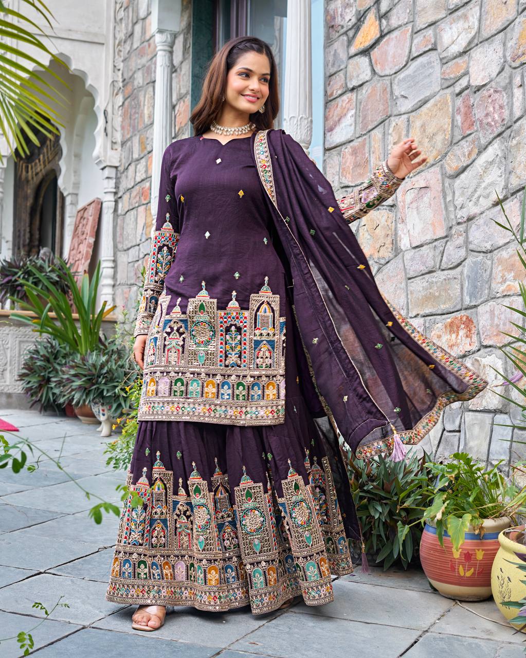 Pure Chinon Silk Heavy Embroidery Work Top Plazzo