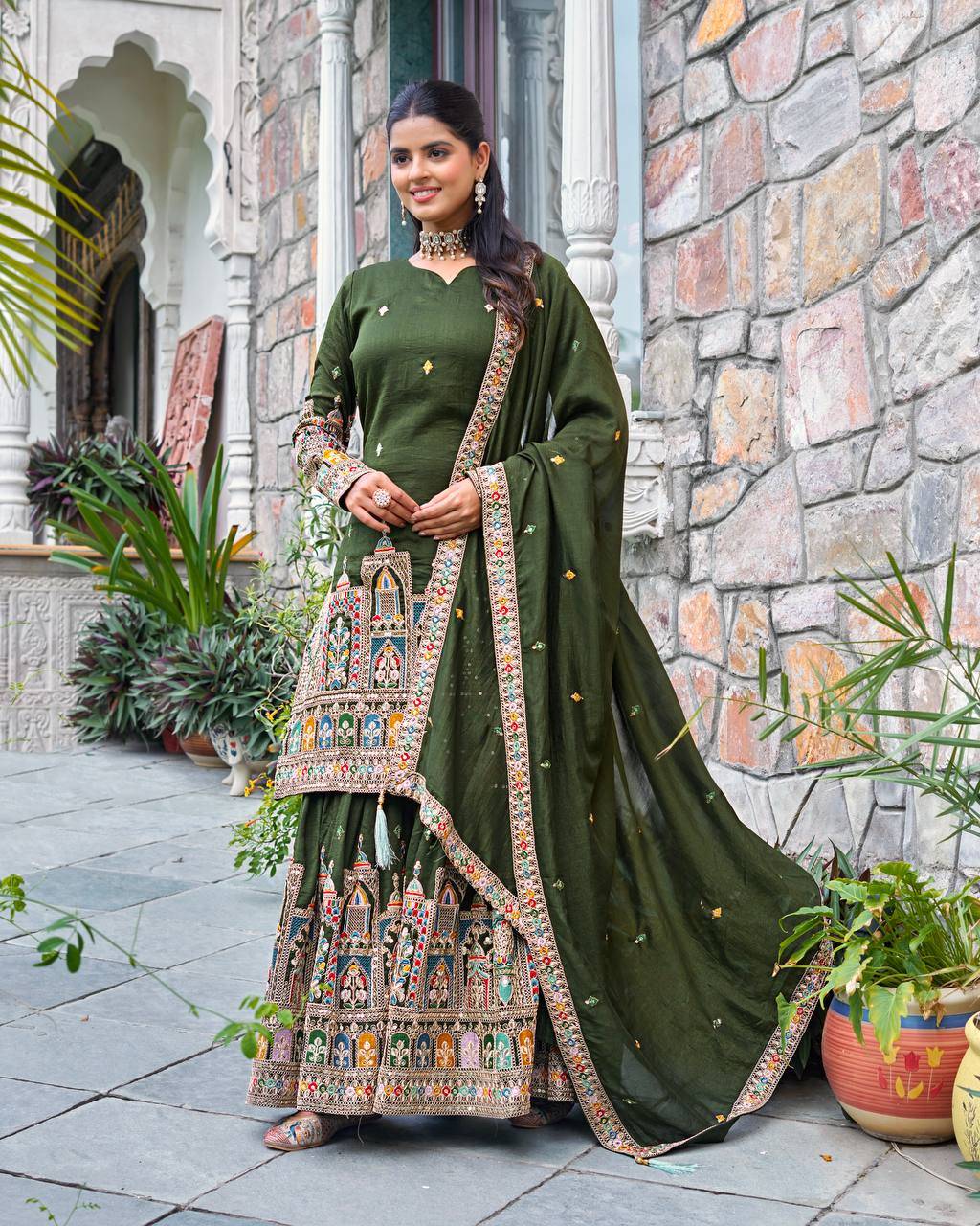 Pure Chinon Silk Heavy Embroidery Work Top Plazzo