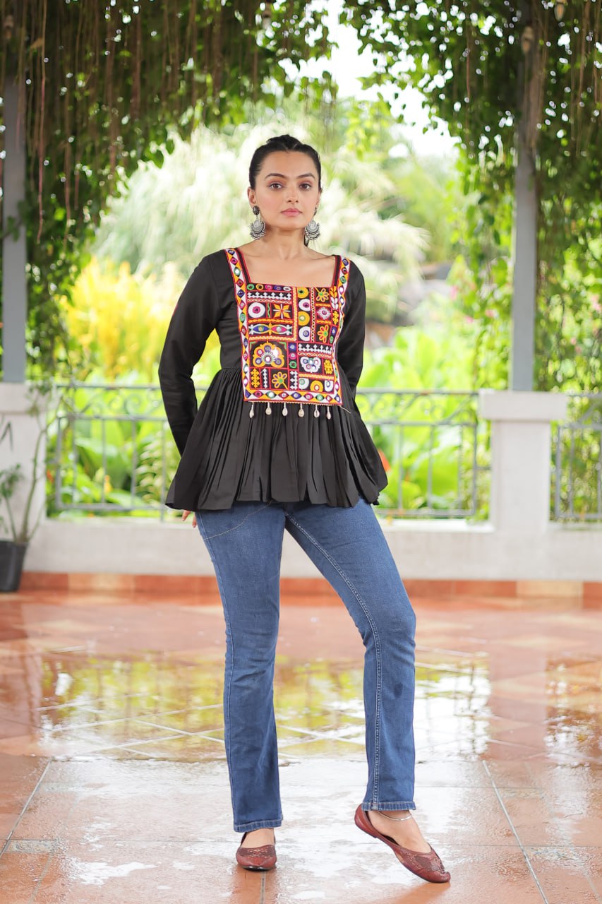 Black Color Roman Fabric Kutchi Gamthi Work Top
