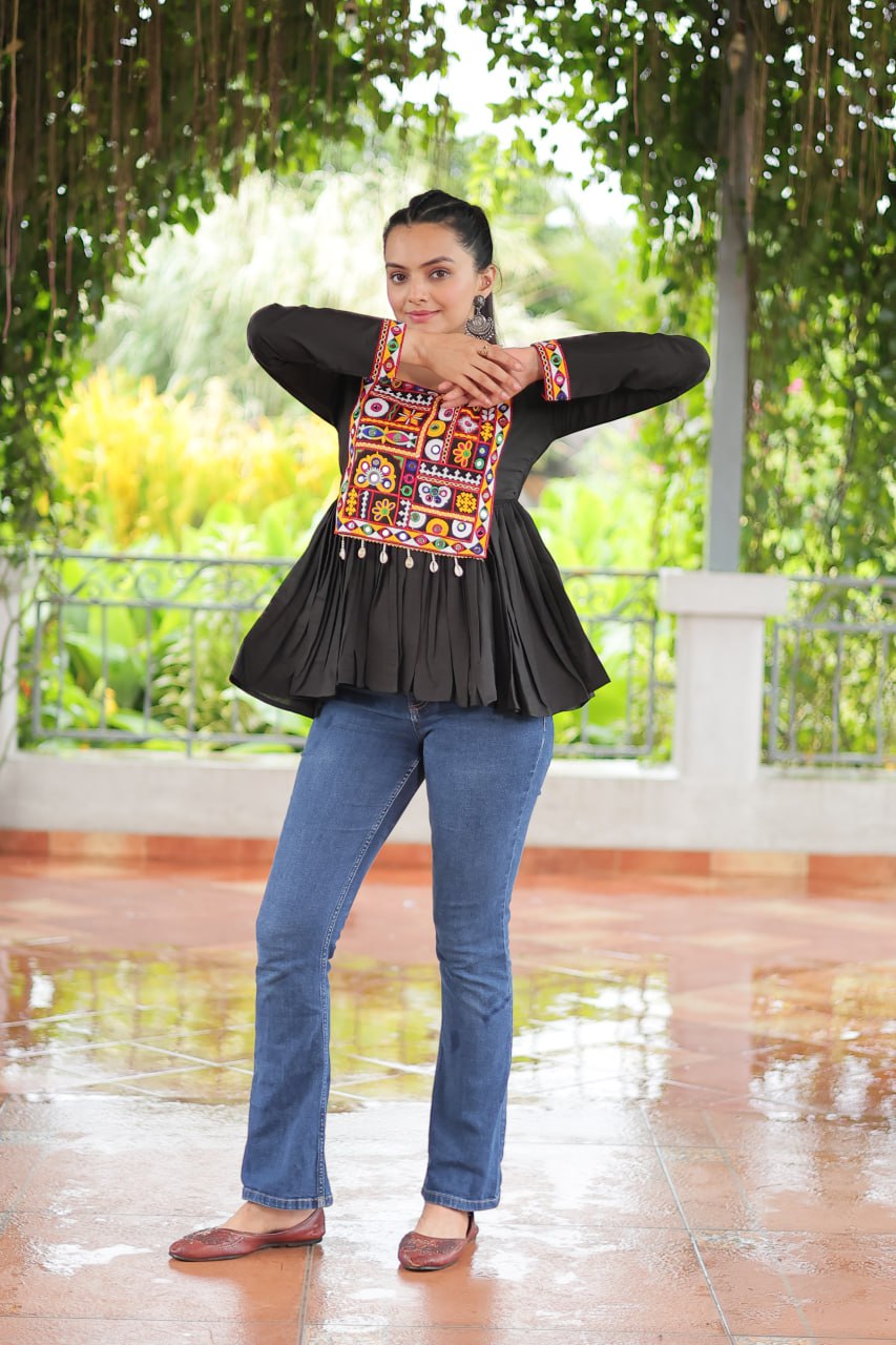 Black Color Roman Fabric Kutchi Gamthi Work Top