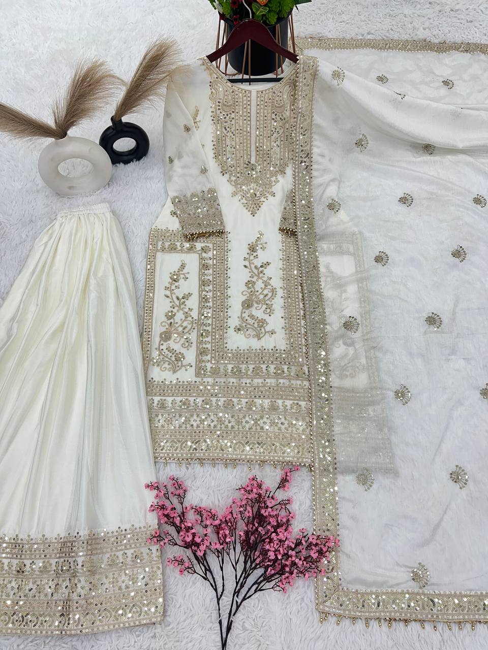 Pure Chinnon Silk Heavy Embroidery Coding Dori-Sequence Work With Full Sleeve