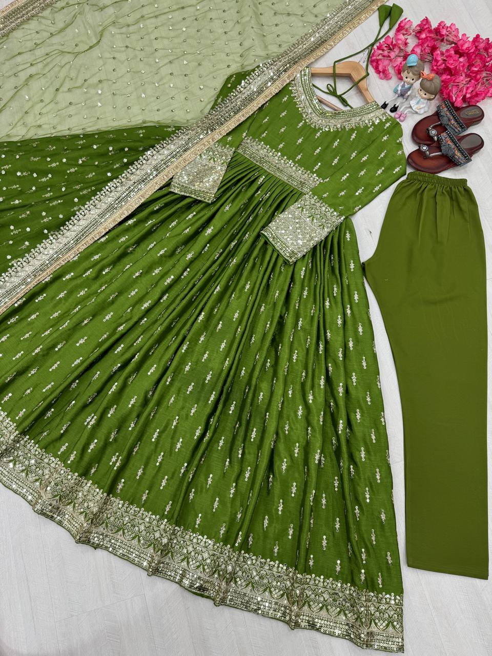 Heavy Pure Chinon Silk Embroidery Sequence Work Gown