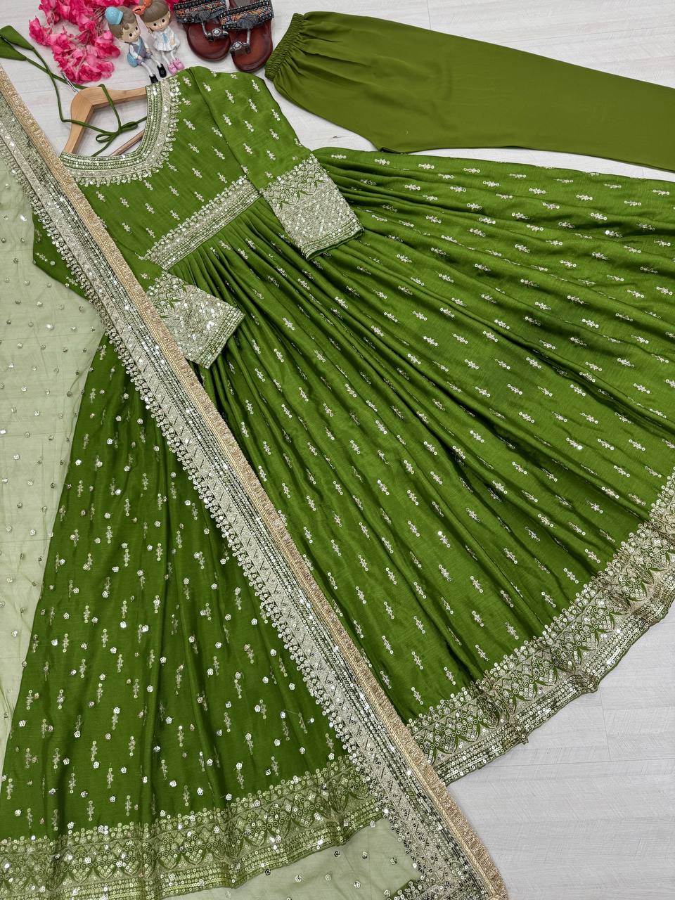 Heavy Pure Chinon Silk Embroidery Sequence Work Gown