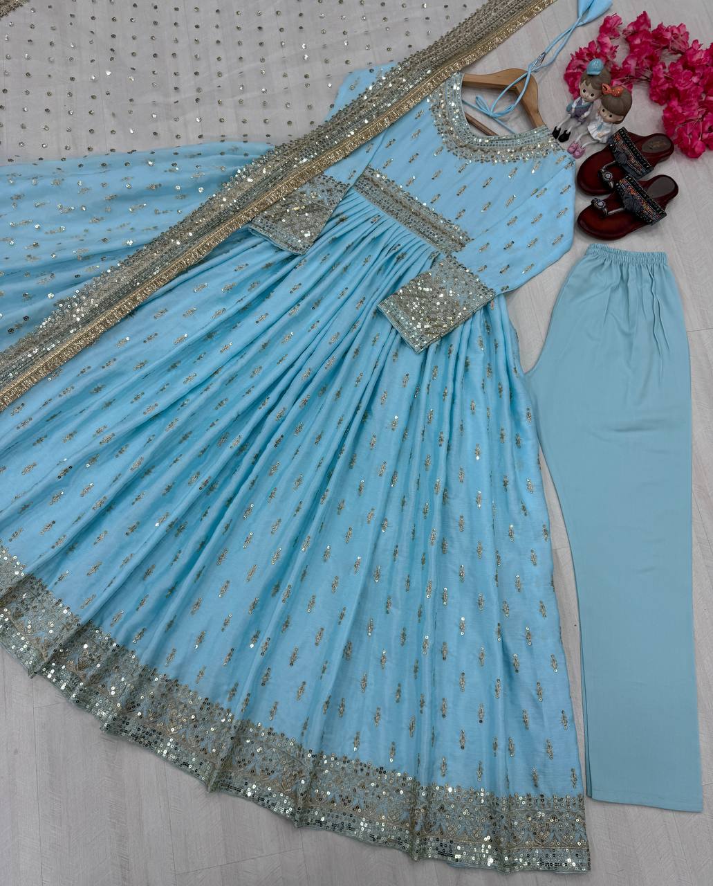 Heavy Pure Chinon Silk Embroidery Sequence Work Gown