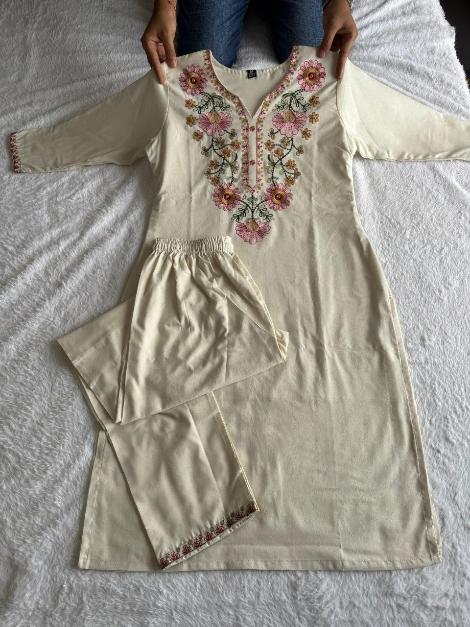 White Color Khadi Cotton Embroidery Work Kurti
