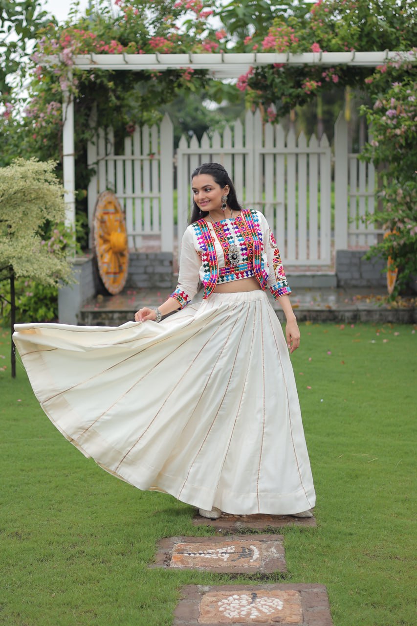 Navratri Special Roman Fabric Attractive Gota Patti Lace Work Lehenga