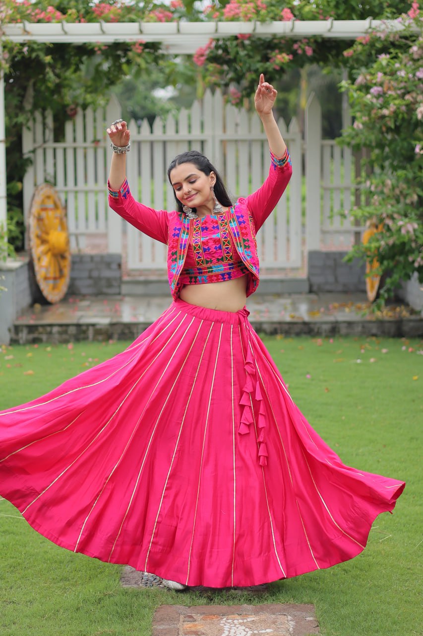 Navratri Special Roman Fabric Attractive Gota Patti Lace Work Lehenga