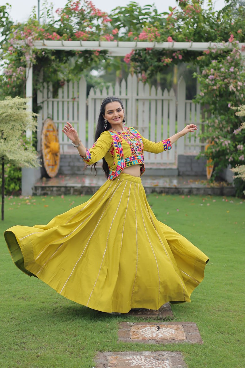 Navratri Special Roman Fabric Attractive Gota Patti Lace Work Lehenga