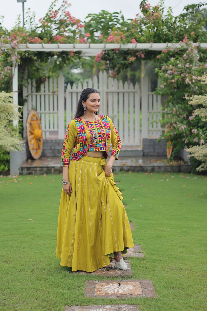 Navratri Special Roman Fabric Attractive Gota Patti Lace Work Lehenga