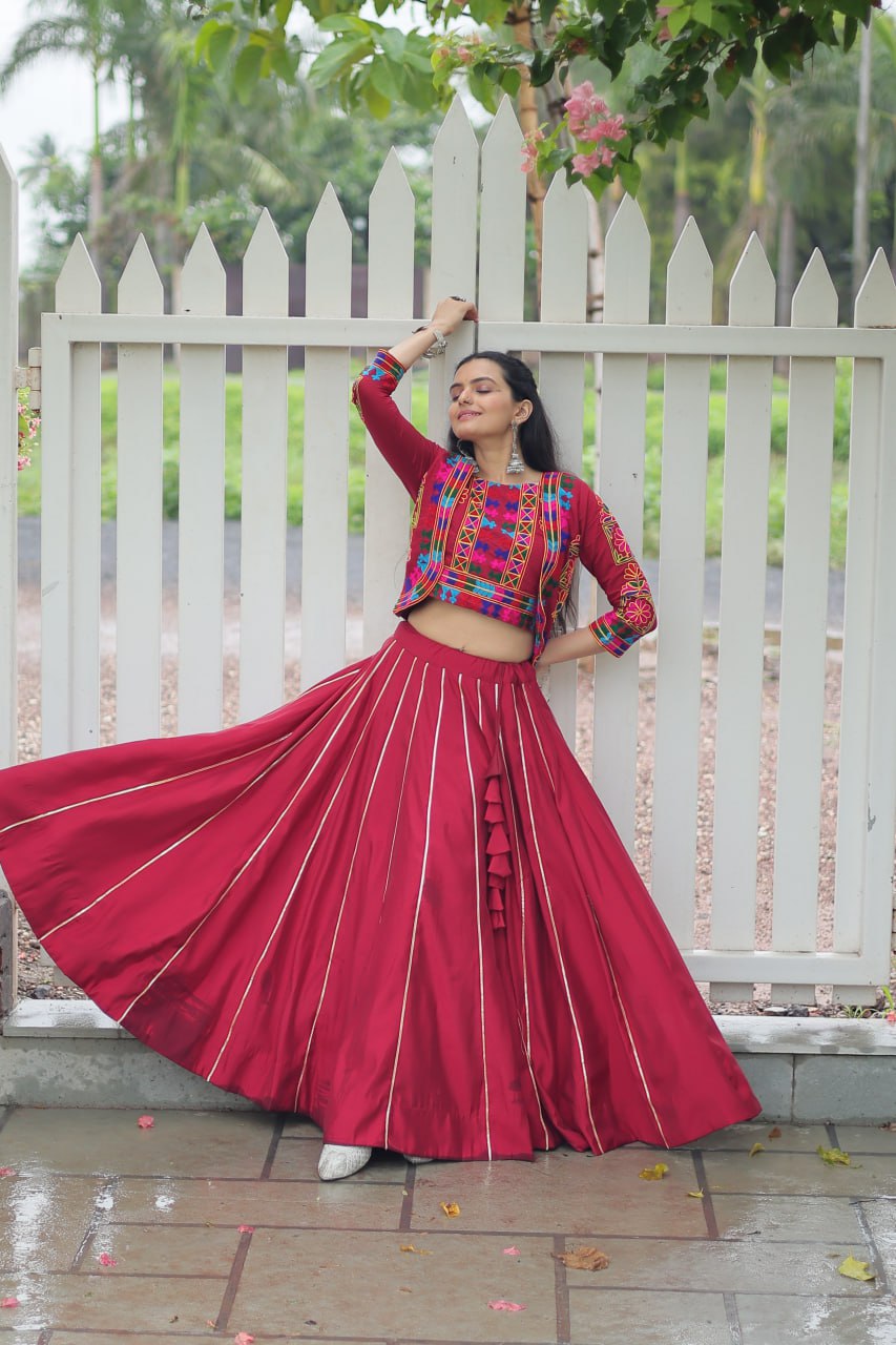 Navratri Special Roman Fabric Attractive Gota Patti Lace Work Lehenga