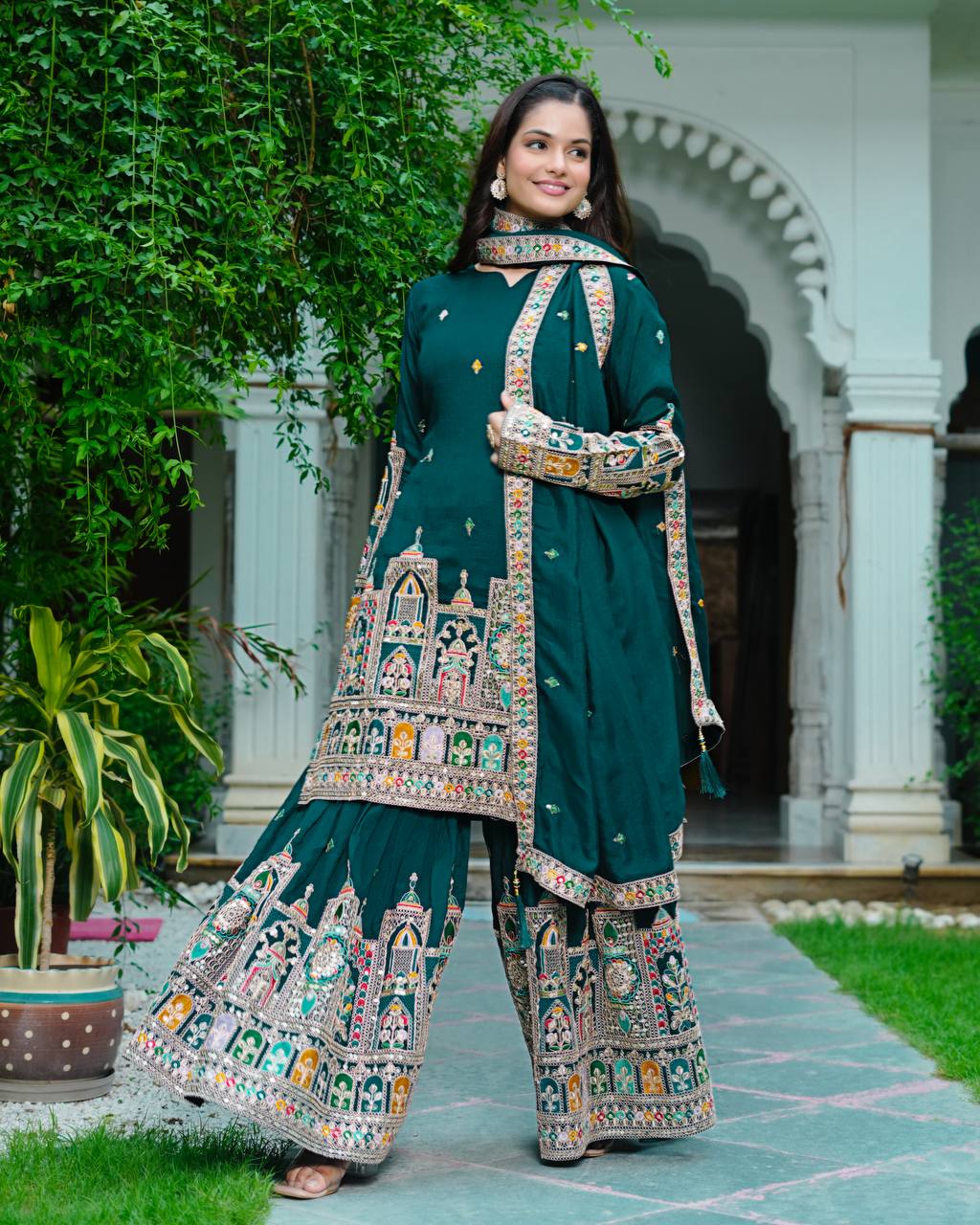 Pure Chinon Silk Heavy Embroidery Work Top Plazzo