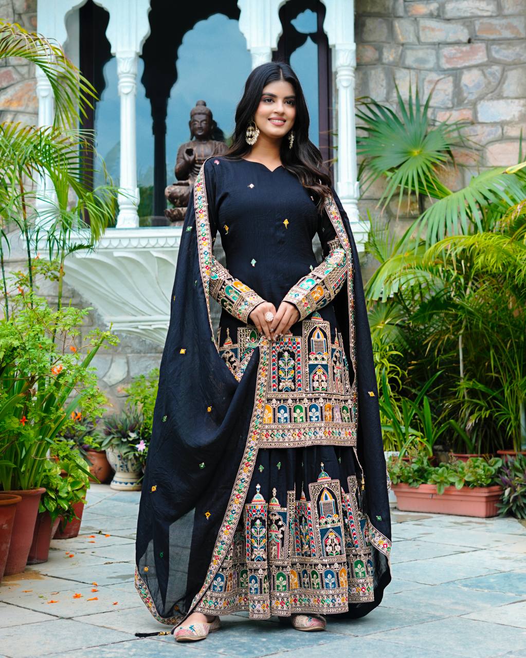 Pure Chinon Silk Heavy Embroidery Work Top Plazzo
