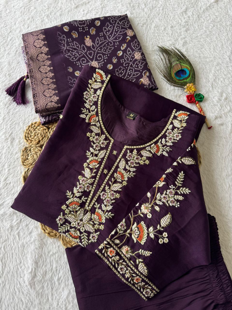 Dark Purple Color Premium Roman Silk Embroidery Work Kurti