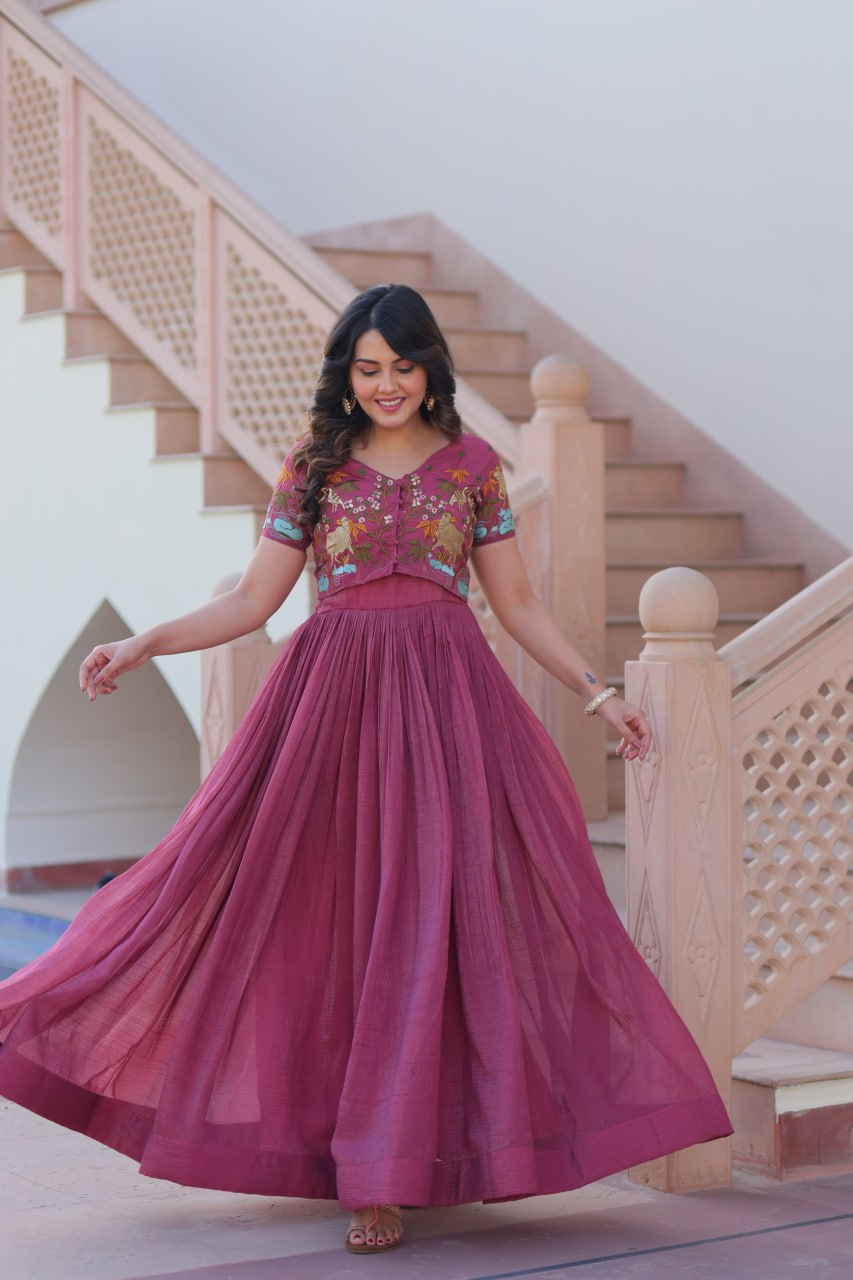 Silver Crunchy Embroidery Work With Canvas Patta Gown