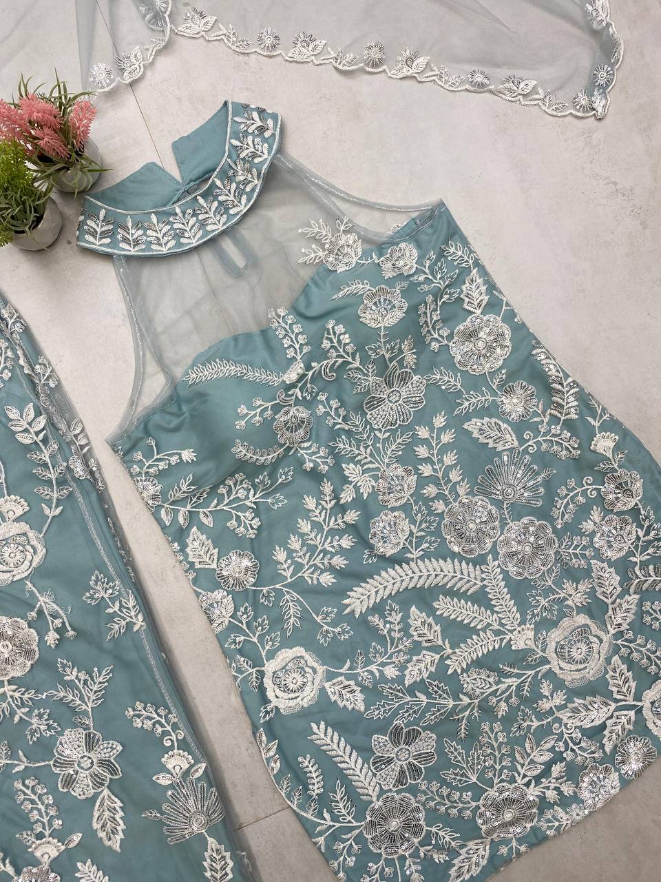 Sparkling Butterfly Net Embroidered Suit Set
