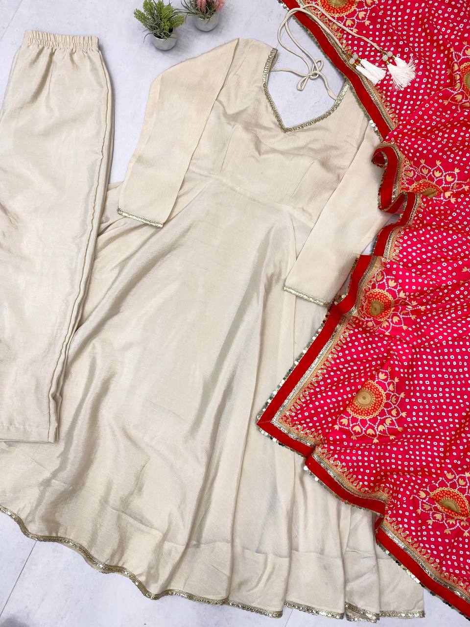 Cream Color Chinon Fabric With Latkan Work Gown