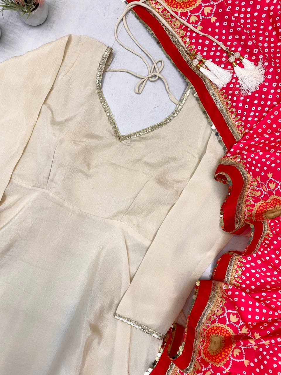 Cream Color Chinon Fabric With Latkan Work Gown