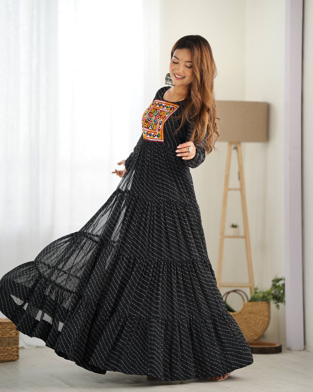 Navratri Special Latest Arrival Leheriya Print Ruffle Work Gown