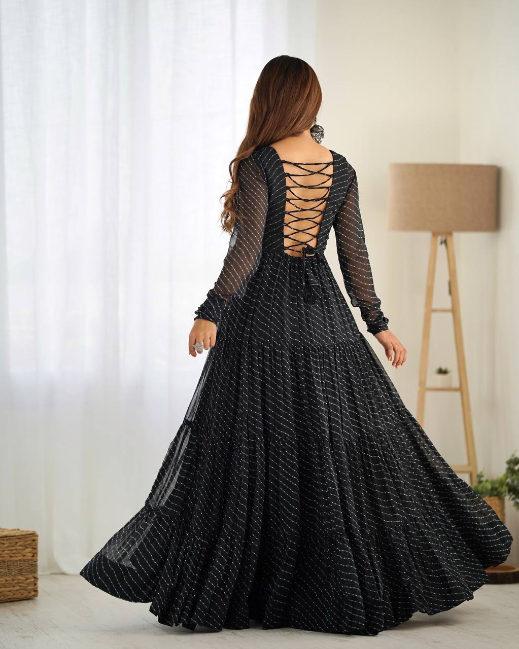 Navratri Special Latest Arrival Leheriya Print Ruffle Work Gown