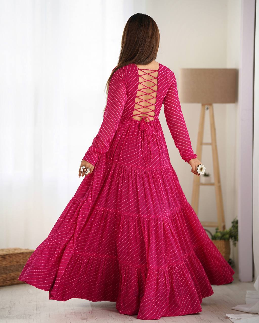 Navratri Special Latest Arrival Leheriya Print Ruffle Work Gown