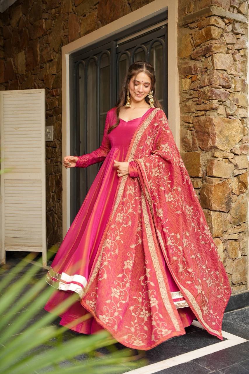 Pink Color Roman Silk Lace Border Top Plazzo