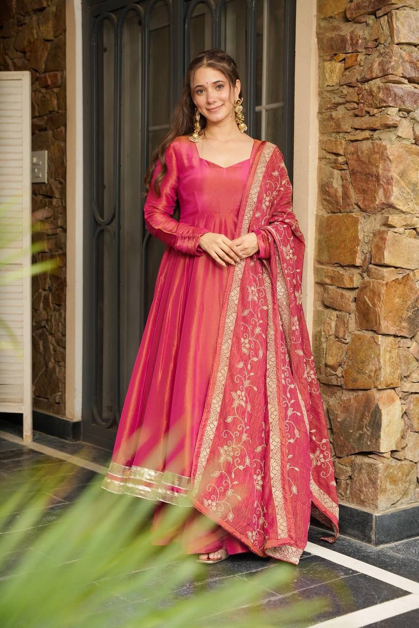 Pink Color Roman Silk Lace Border Top Plazzo