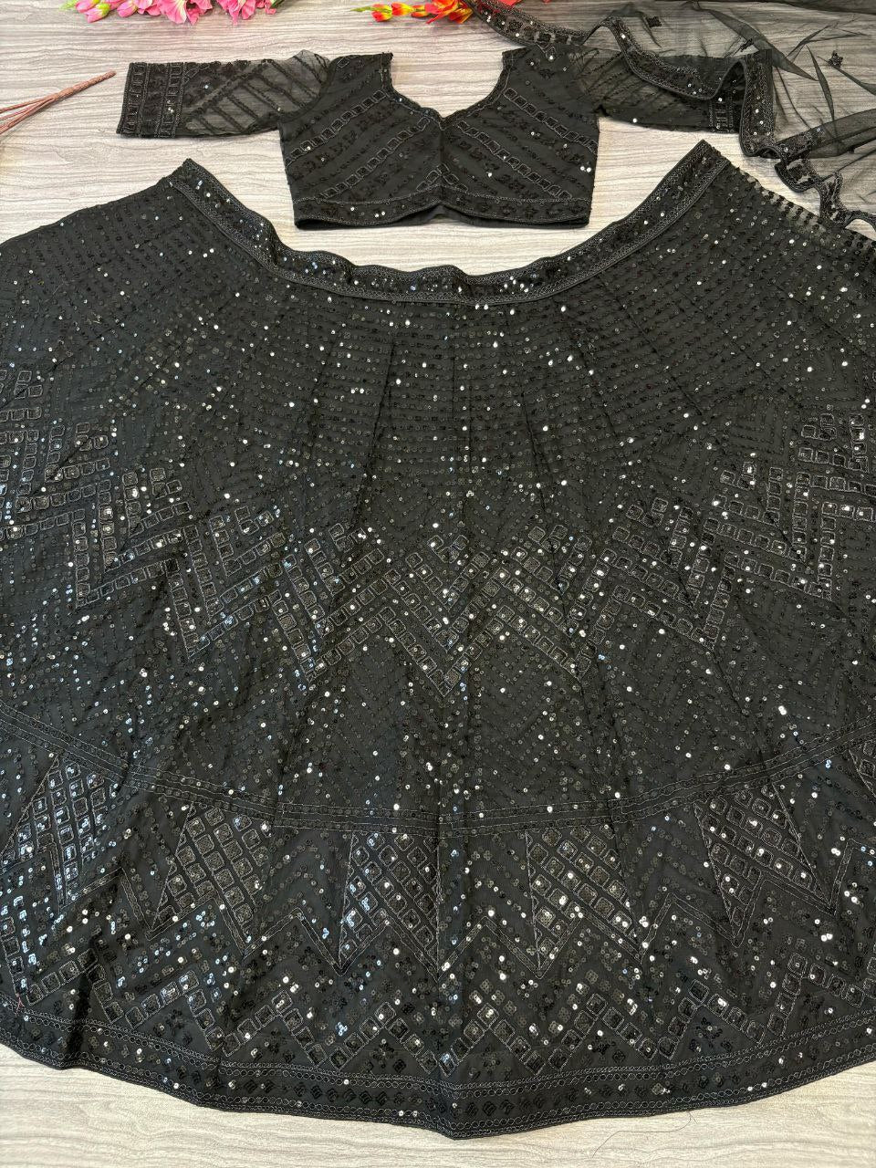 Premium Net Embellished Thread Embroidery Work Lehenga