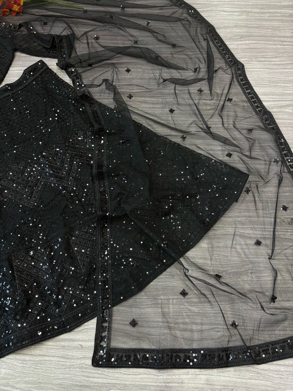 Premium Net Embellished Thread Embroidery Work Lehenga