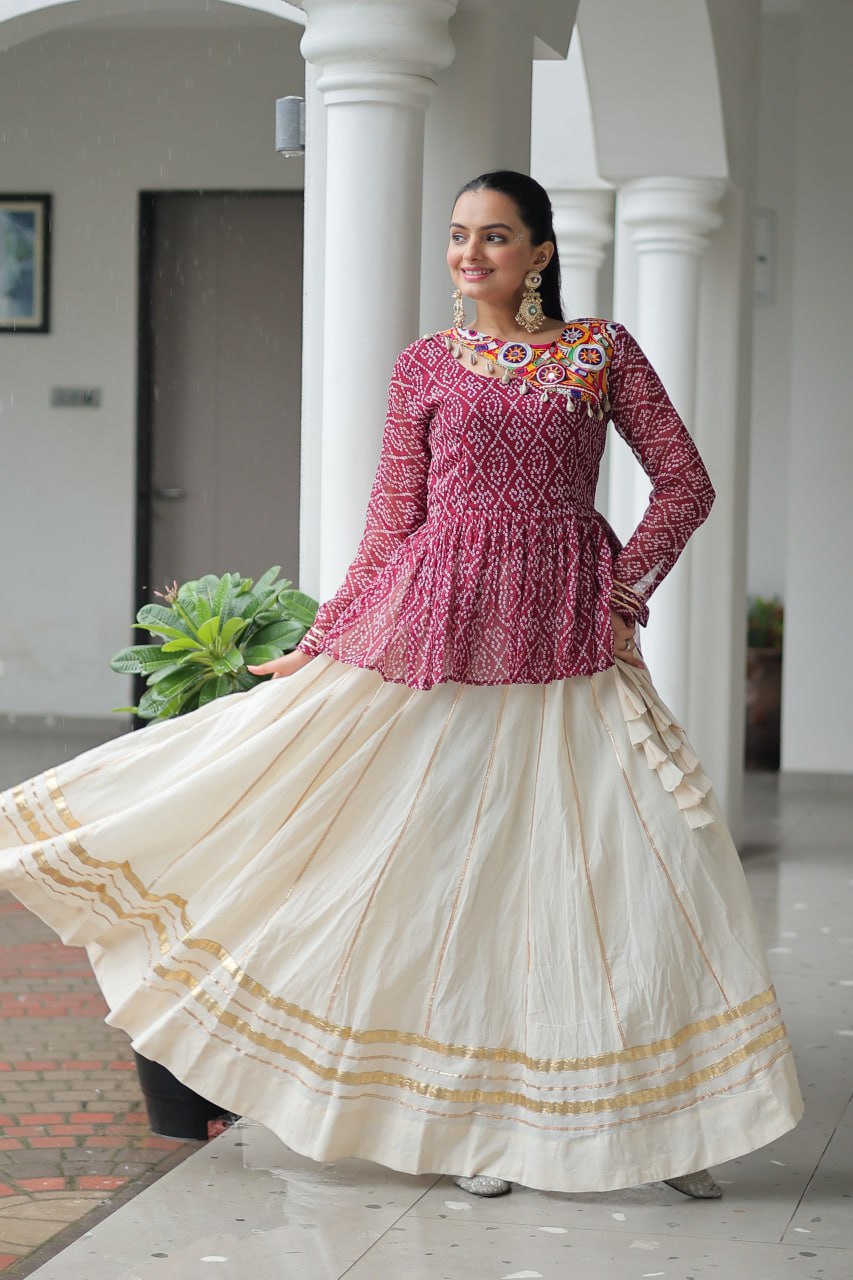 Navratri Special Kora Cotton Attractive Gota Patti Lace Top Lehenga