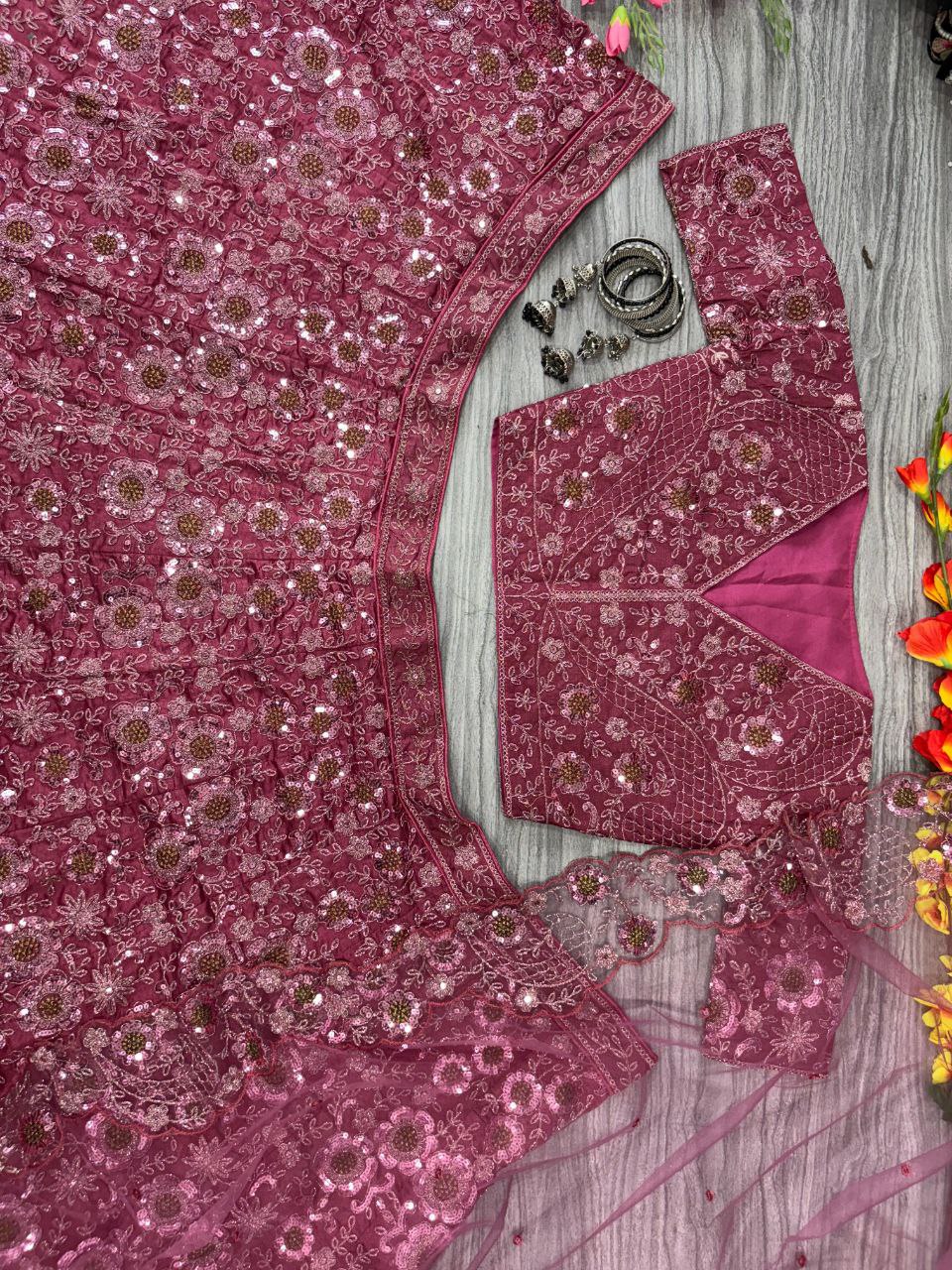 Premium Chinon Silk Embellished And Heavy Thread Embroidery With Jari Work Lehenga