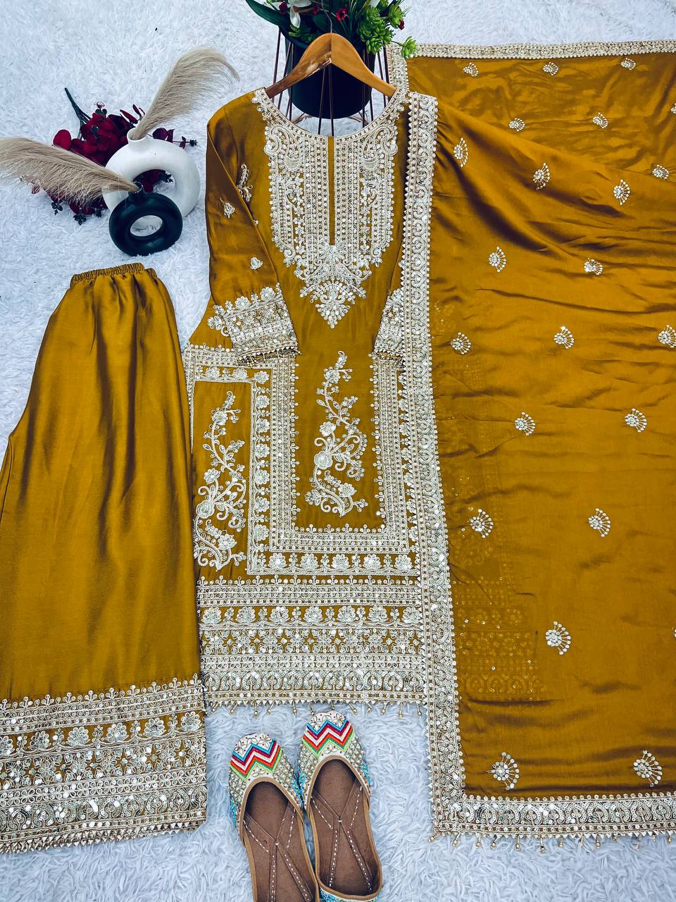 Pure Chinnon Silk Heavy Embroidery Coding Dori-Sequence Work With Full Sleeve