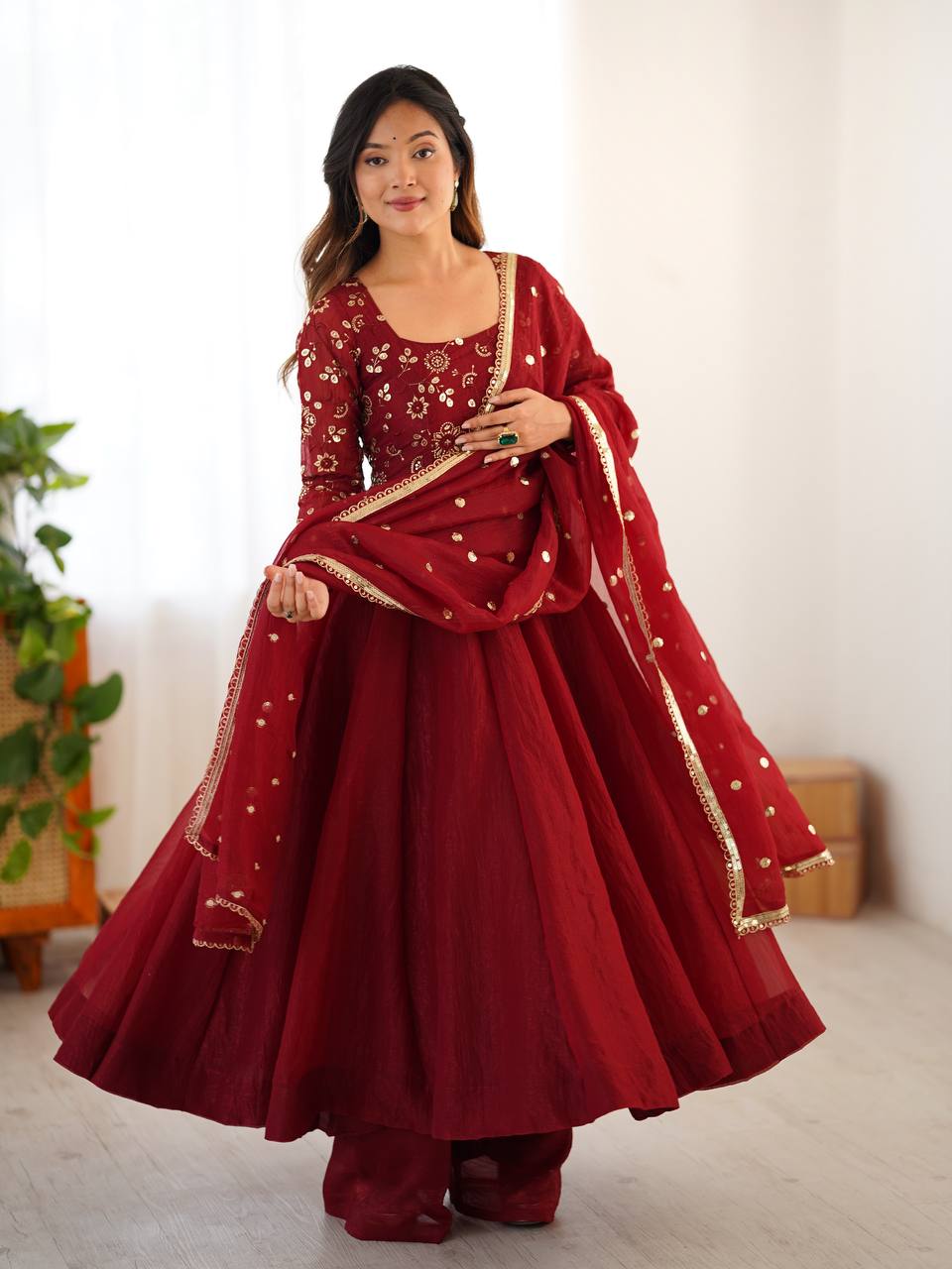 Red Color Crunchy Silk With Lace Border Top Plazzo