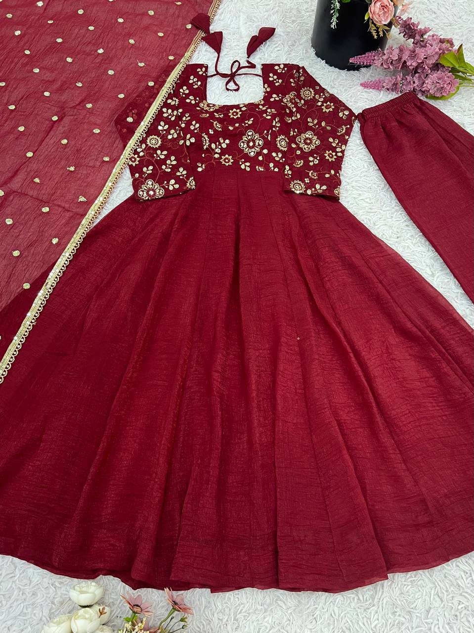 Red Color Crunchy Silk With Lace Border Top Plazzo