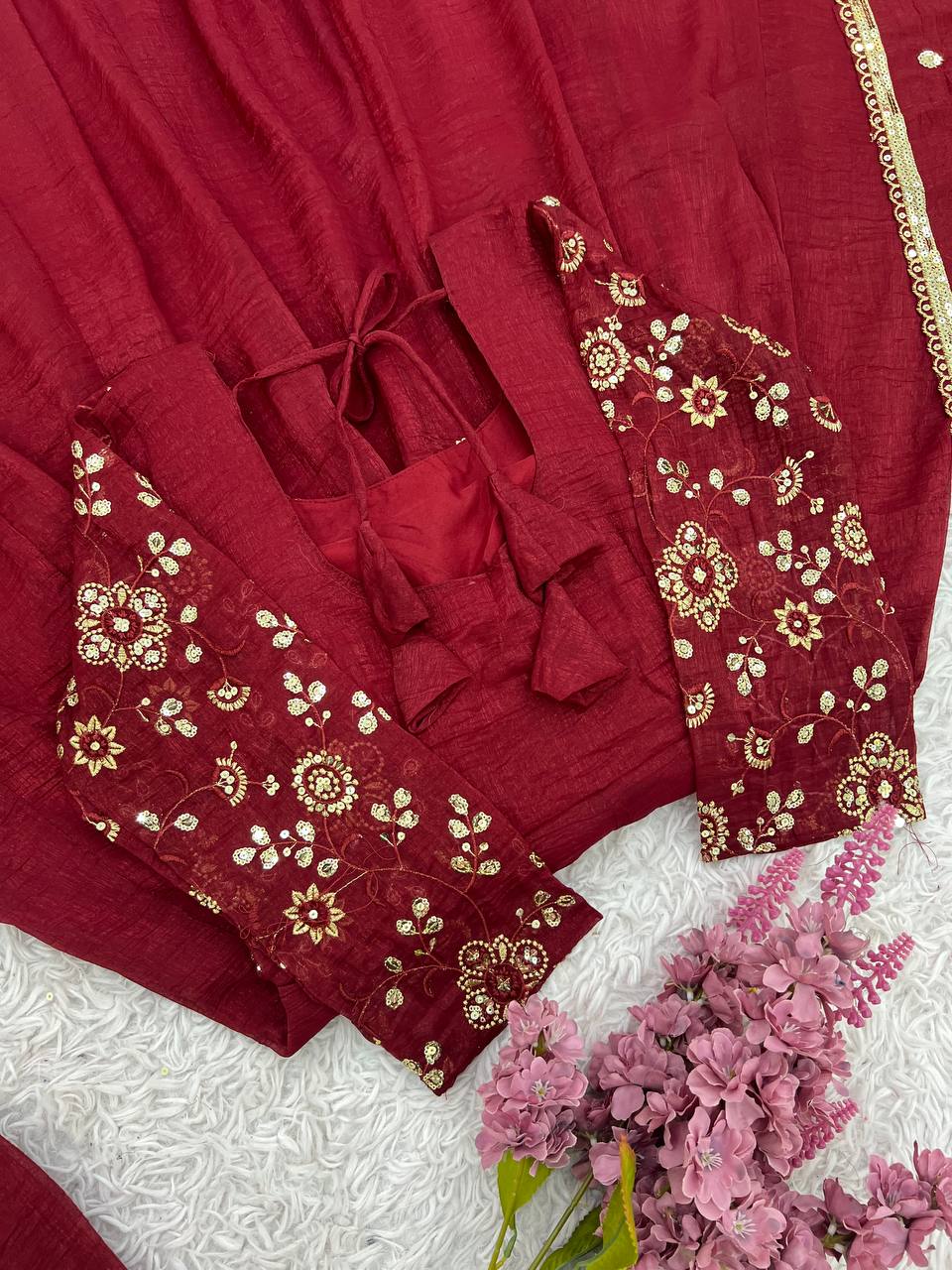Red Color Crunchy Silk With Lace Border Top Plazzo