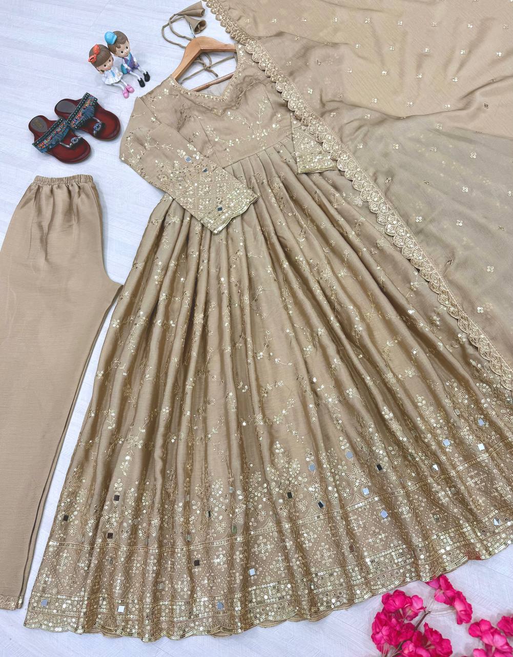 Havy Chinon Silk With Embroidery Sequins Work Gown
